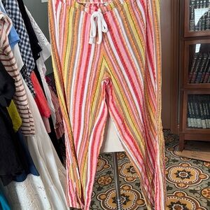 Striped Drawstring Women's Pajama Pants - Pink, Orange & Yellow